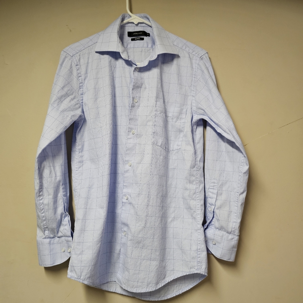 Arturo Calle Men’s Light Blue Checkered Shirt – Slim Fit – Size 36 – 100% Cotton